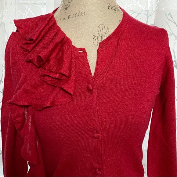 Red Valentino red knit button down ruffle cardigan sweater top - Picture 5 of 11